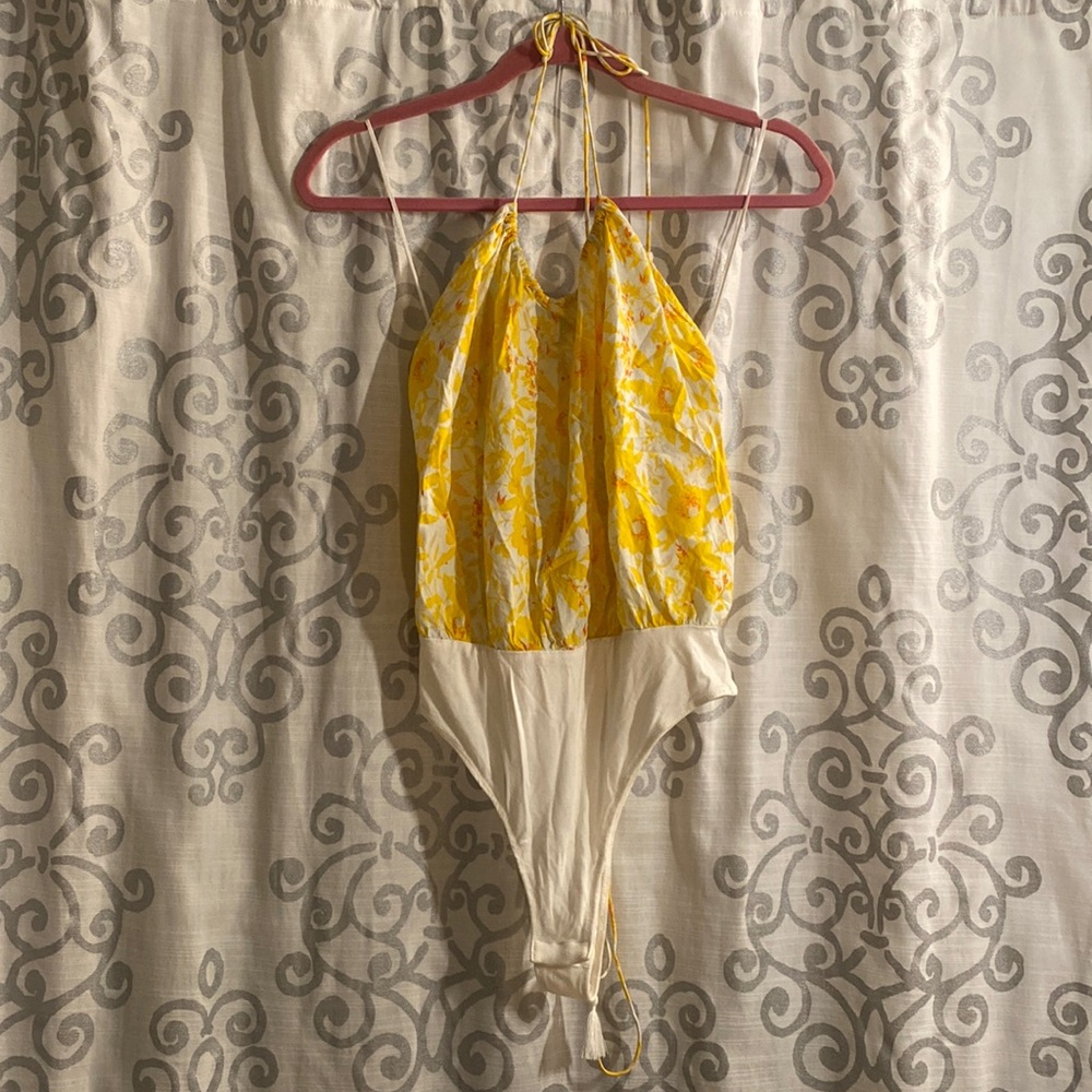 Yellow patterned halter top body suit